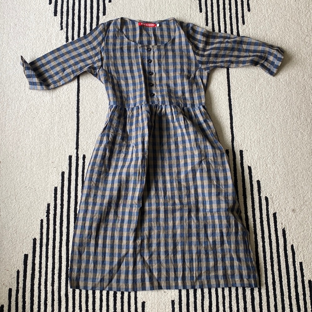 Blue Gray Checked Plaid Pyne & Smith Linen Dress w/ Long Sleeves Button Front S